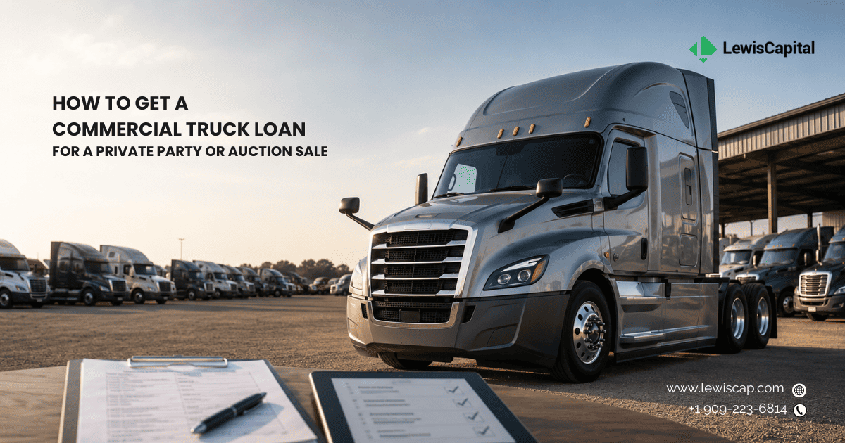 Heavy-duty Class 8 commercial semi truck parked at an auction lot ready for private party truck loan approval.