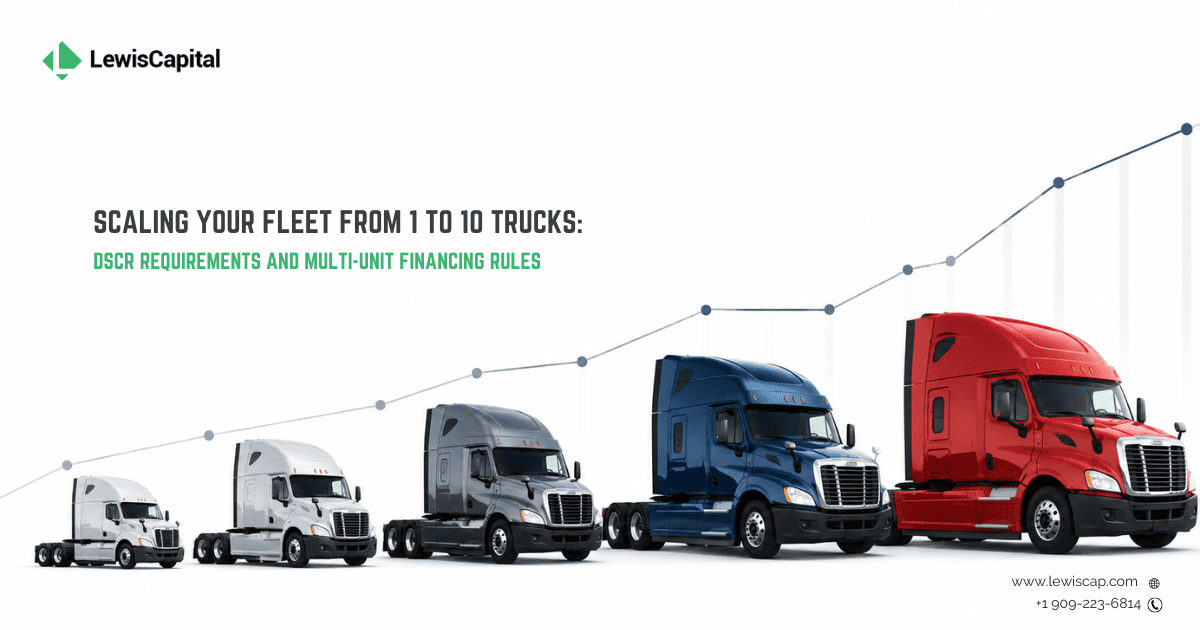 Row of commercial trucks in a carrier yard illustrating fleet expansion DSCR financing requirements
