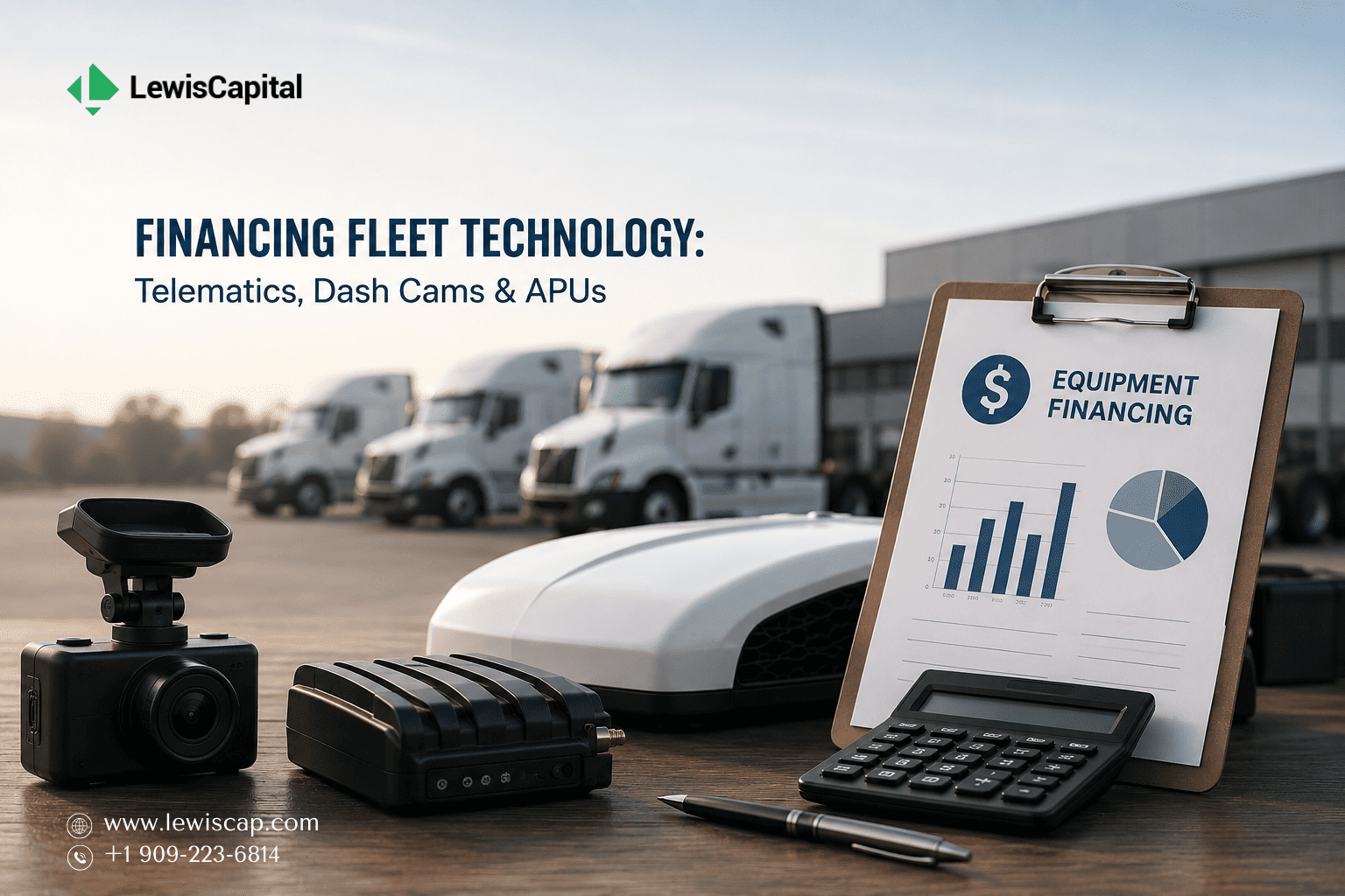Truck cab with telematics display and APU illustrating fleet technology financing options