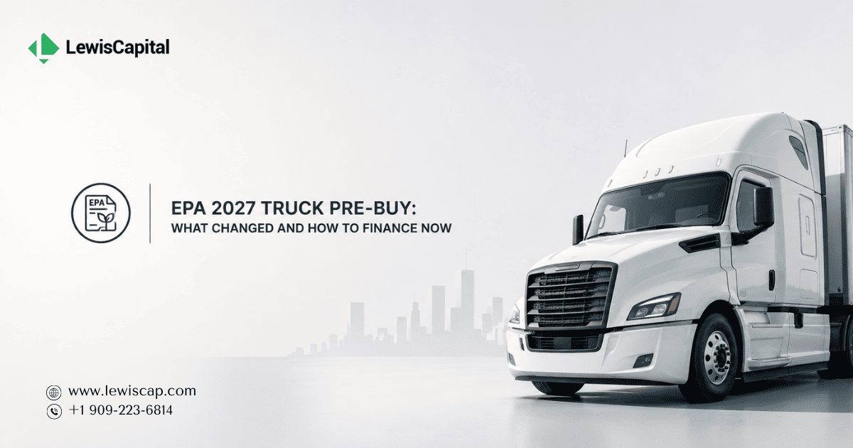 Class 8 trucks at a dealership lot illustrating EPA 2027 emissions pre-buy financing decisions