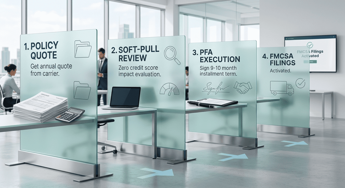 A real-world office visual showing four frosted glass partitions depicting the 4-step insurance finance process: Policy Quote, Soft-Pull Review, PFA Execution, and FMCSA Filings.