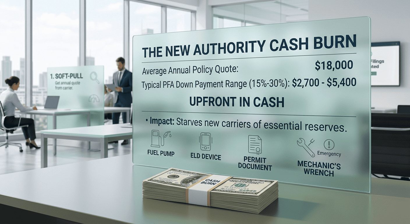 Infographic showing startup costs depleting cash reserves and impacting fuel, ELDs, permits, and maintenance for new trucking carriers.